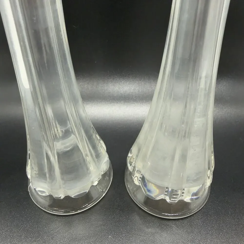 Vintage Swung Glass Bud Vase Pair Ribbed 8in Clear 6 Finger Stretched MCM